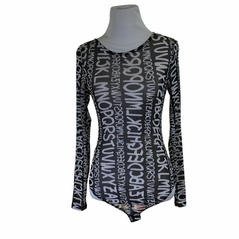 Iris Mesh Letter Print Bodysuit S graphic edgy indie sleeze grunge punk urban